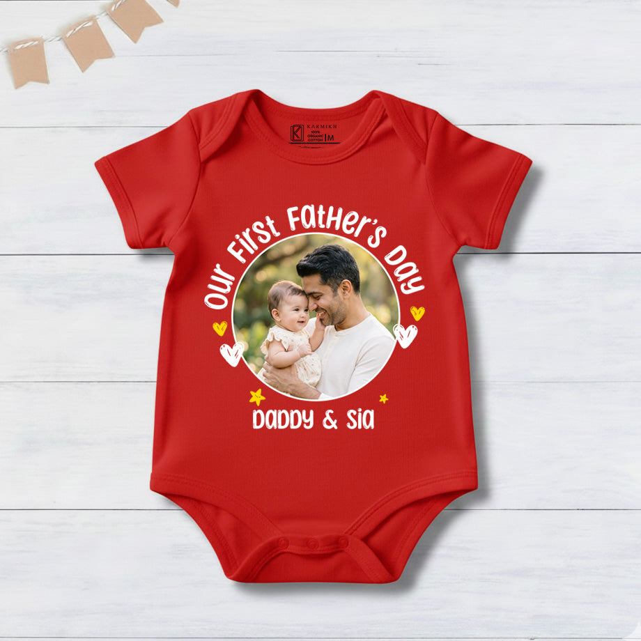 New Born & Baby Clothing | Our First Father's Day Together With Customized Baby Name & Photo Red Bodysuit | Soft T-shirt