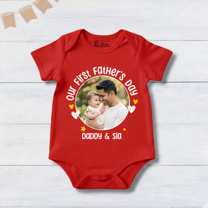 New Born & Baby Clothing | Our First Father's Day Together With Customized Baby Name & Photo Red Bodysuit | Soft T-shirt