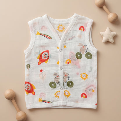 New Born & Baby Clothing | Sleeveless Muslin Baby Dress (0-3 Months) Rocket Cute Print | Soft Cotton