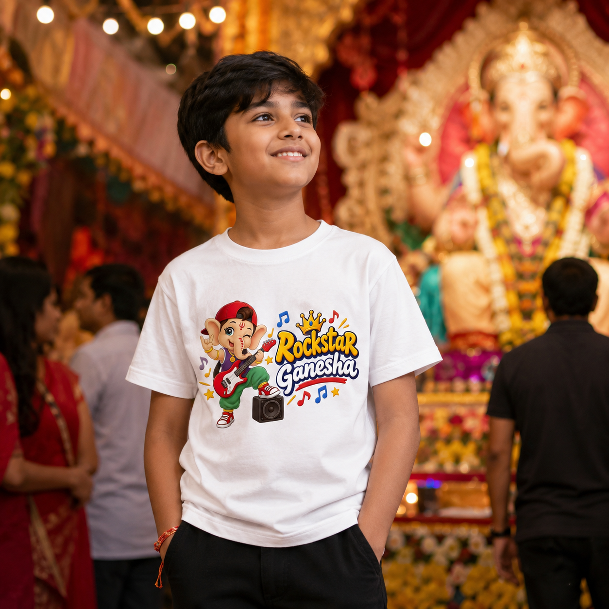 Rock Start Ganesha Kids T-Shirt | Ganpati Design White T-Shirt