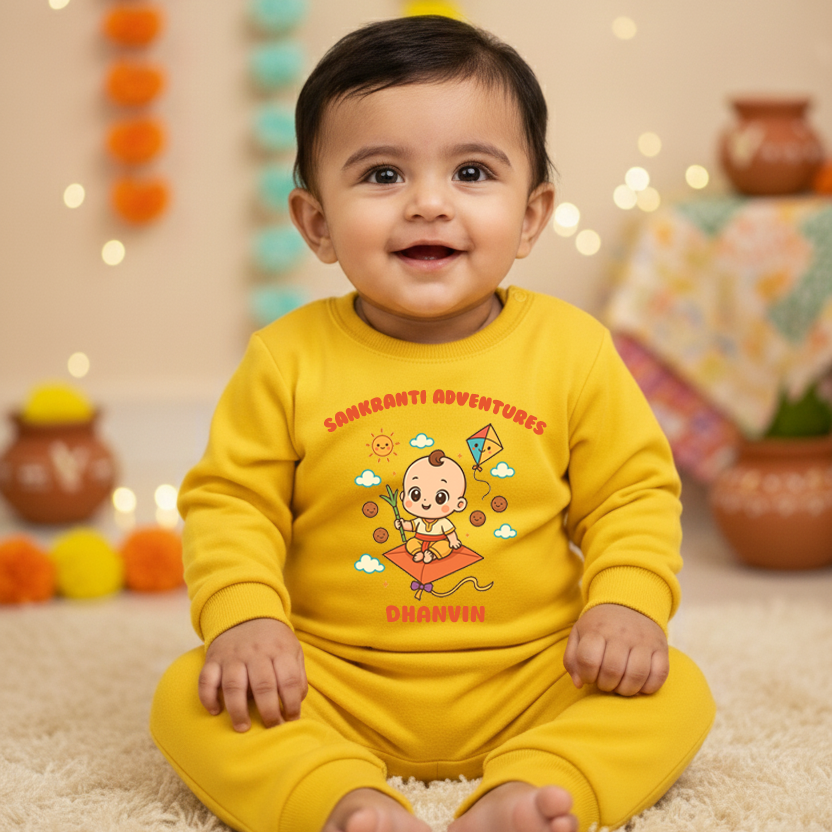 My First Makara Sankranti With Customized Baby Name  _  Yellow Full Romper