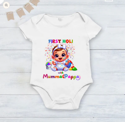 New Born & Baby Clothing | Baby My First Holi With Mumma & Pappa Dress | Soft Cotton