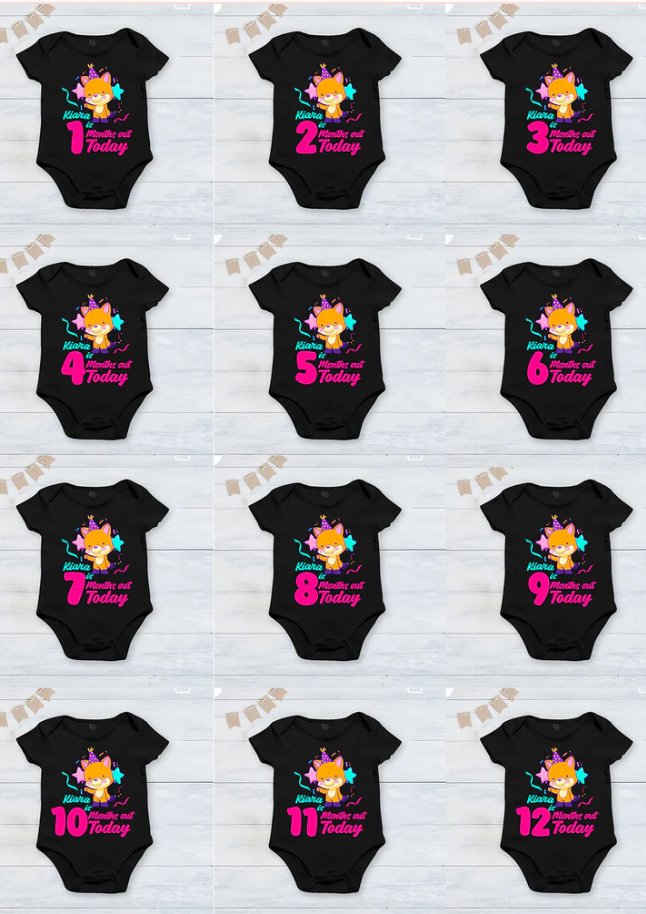Infant monthly birthday_ With Customized Baby Girl's Name Stylish Black Onesies