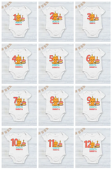 Infant monthly birthday 12 Months of Love cute cat design_ Customized name White Onesie