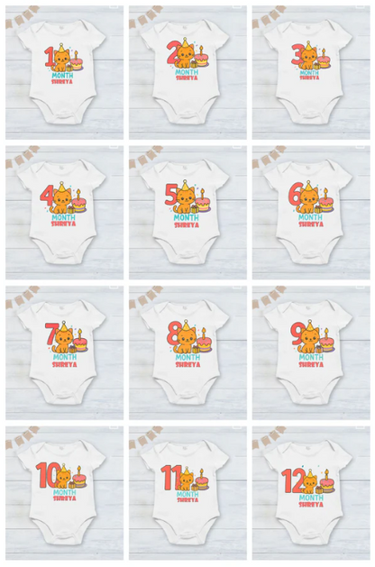 Infant monthly birthday 12 Months of Love cute cat design_ Customized name White Onesie
