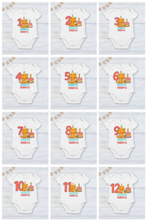 Infant monthly birthday 12 Months of Love cute cat design_ Customized name White Onesie