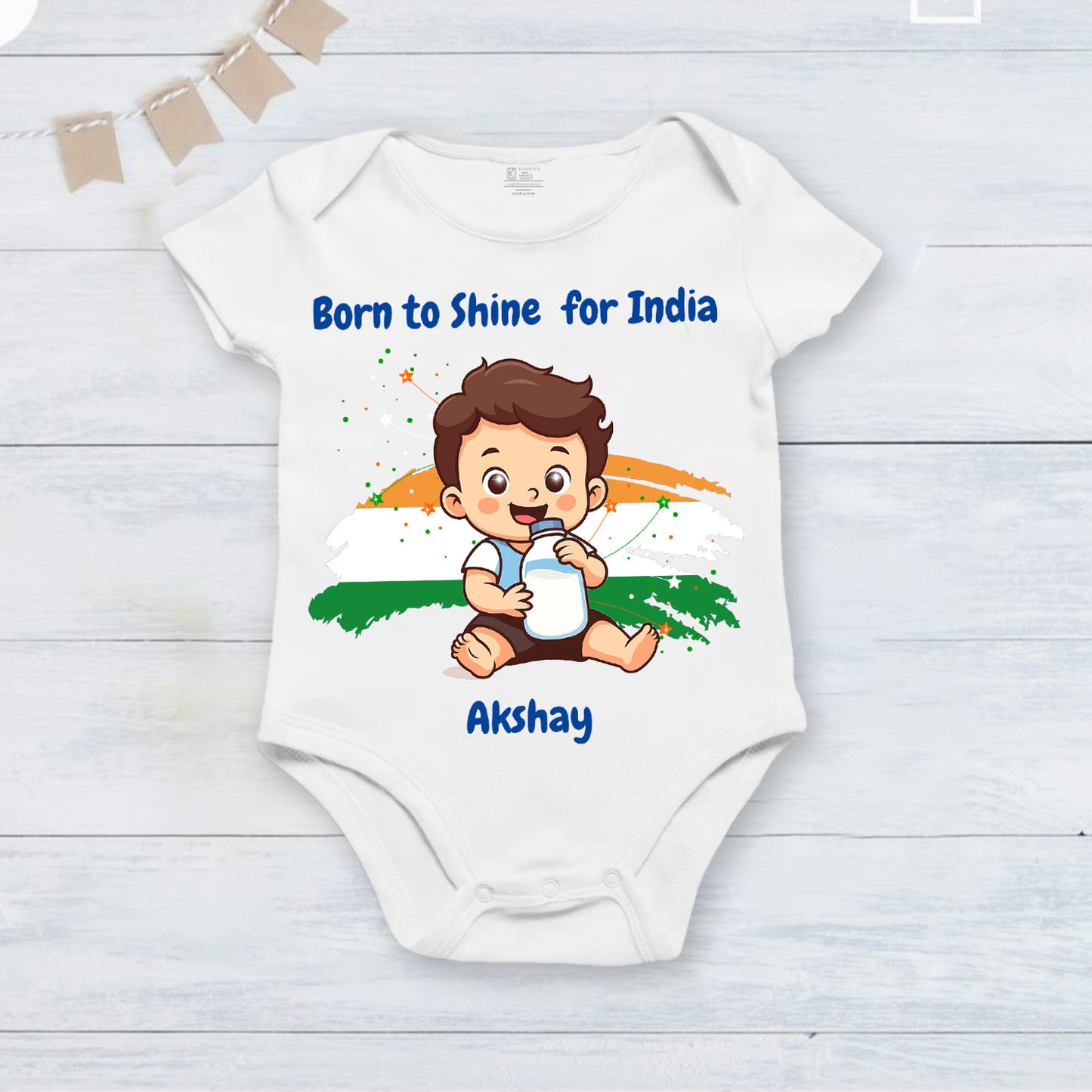 Born To Shine For India customised baby name _White Onesie
