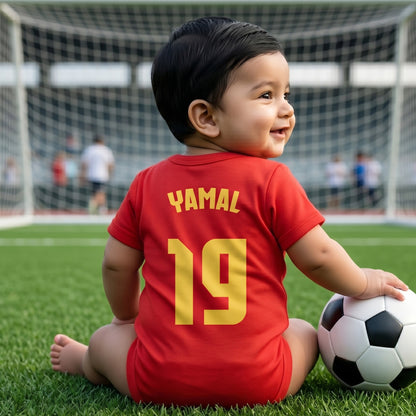 New Born & Baby clothing | Spain Football Fan Baby Romper with Customized Baby Name Printed | Soft Red Cotton