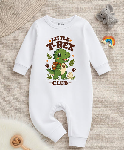 Karmikh Baby Boy Romper | Little T-Rex Club Dinosaur Print | White Full Sleeve Cotton Baby Romper | Soft Cotton