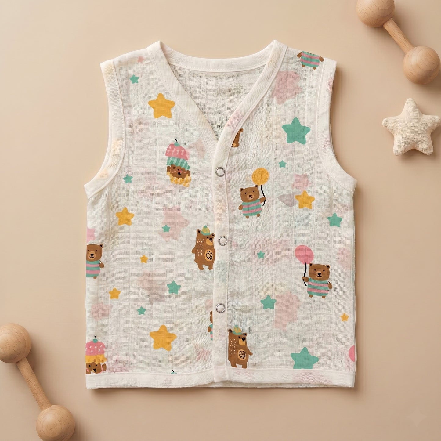 New Born & Baby Clothing | Sleeveless Muslin Baby Dress (0-3 Months) Teddy & Stars Cute Print | Soft Cotton