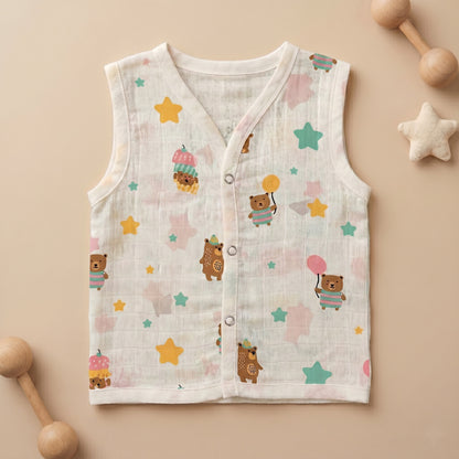 New Born & Baby Clothing | Sleeveless Muslin Baby Dress (0-3 Months) Teddy & Stars Cute Print | Soft Cotton