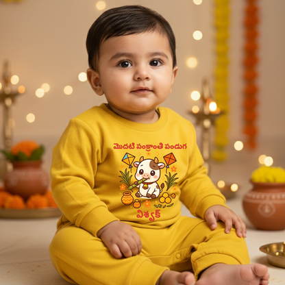 first Sankranti baby dress yellow cotton romper telugu festival outfit 