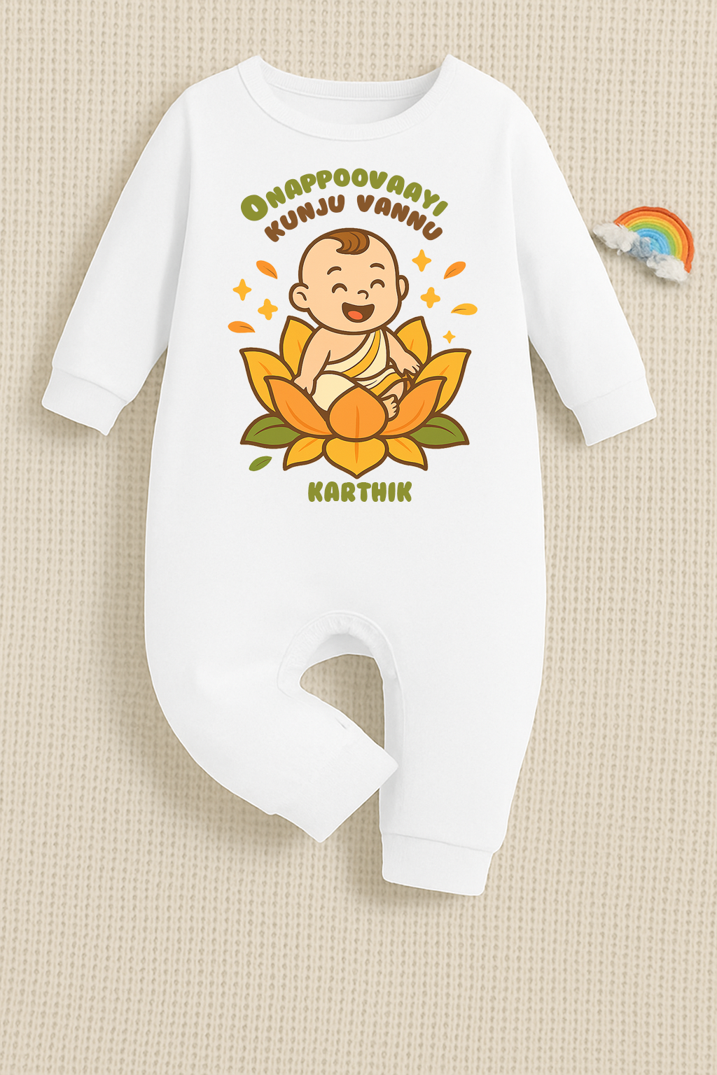 The Baby Came As An Onam Flower with customised baby boy name_ White Full Romper