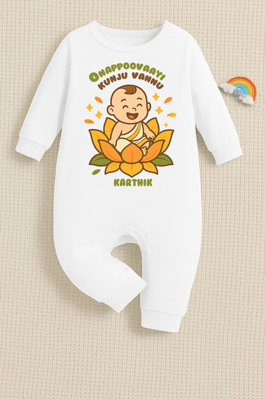 The Baby Came As An Onam Flower with customised baby boy name_ White Full Romper