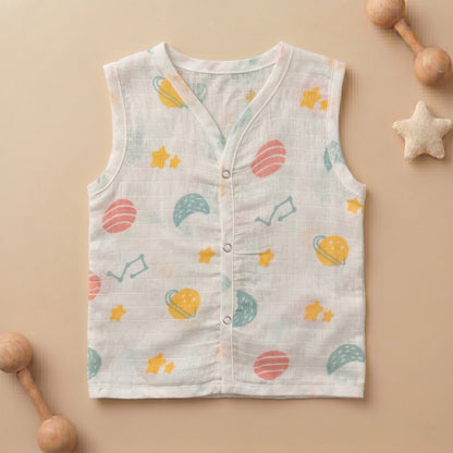 New Born & Baby Clothing | Sleeveless Muslin Baby Dress (6-9 Months) Universe Cute Print | Soft Cotton