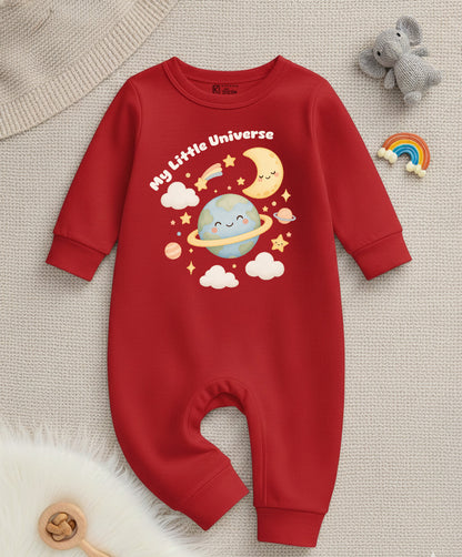 Karmikh Baby Romper | My Little Universe Space Print | Red Full Sleeve Cotton Baby Romper