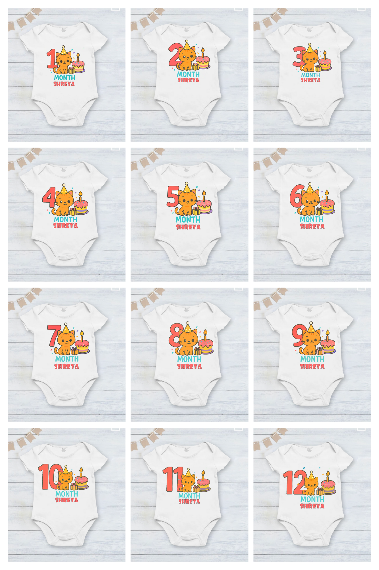 Infant monthly birthday Combo with customized name 12 Months of Love cute cat design_ White onesies