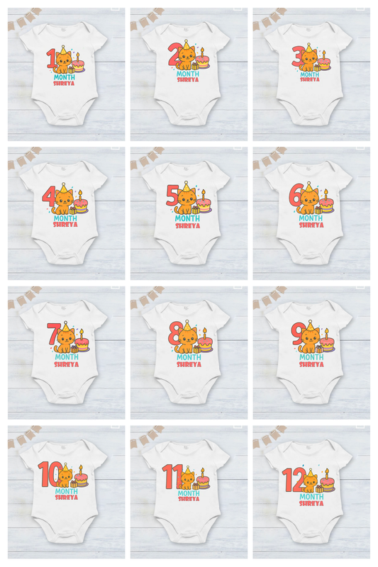 Infant monthly birthday Combo with customized name 12 Months of Love cute cat design_ White onesies