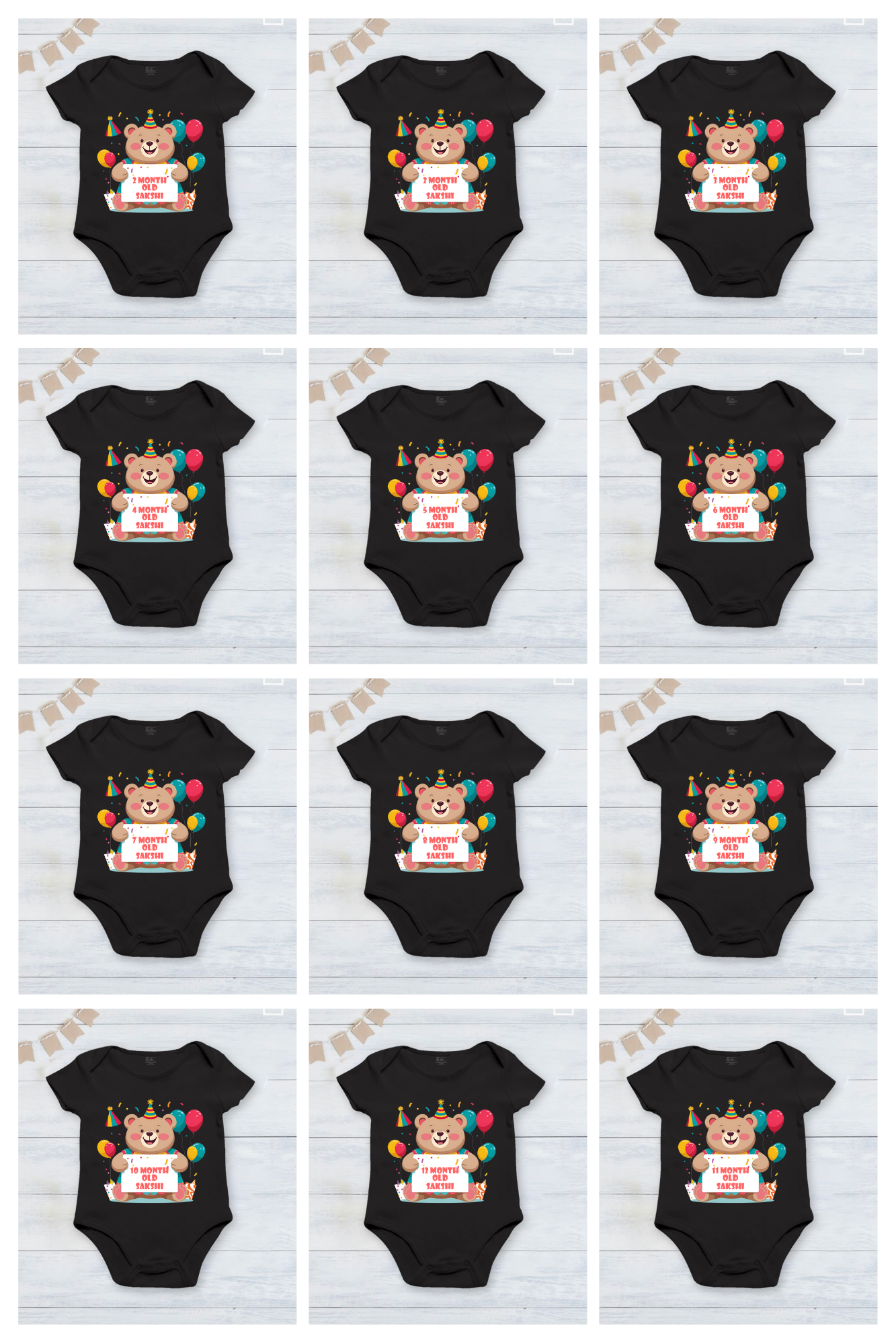 Infant monthly birthday with customized name 12 Months of Love Cute teddy bear  Black onesies