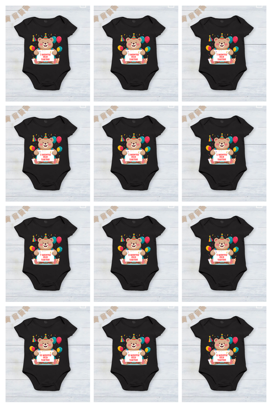 Infant monthly birthday with customized name 12 Months of Love Cute teddy bear  Black onesies
