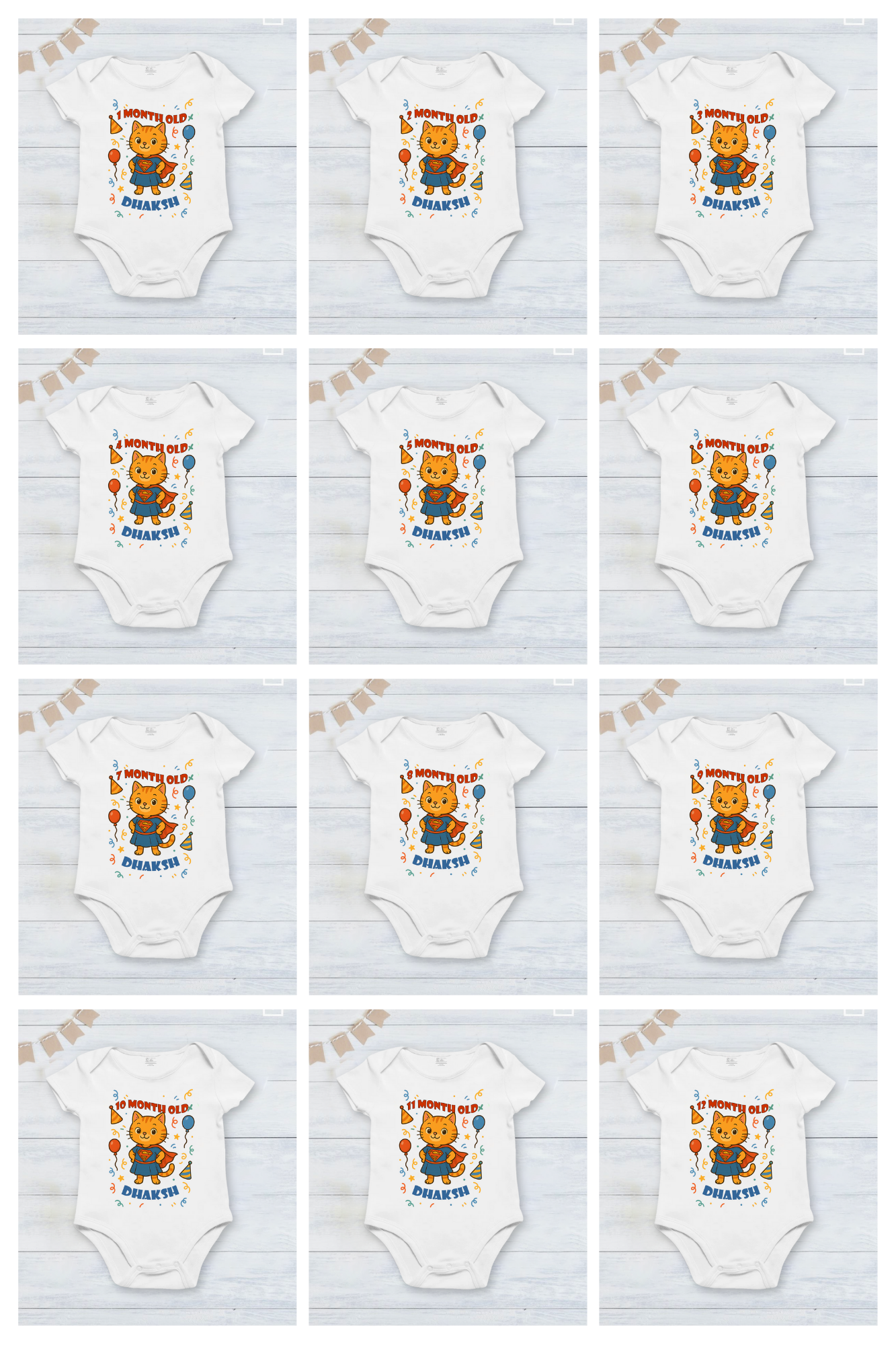 Infant monthly birthday Combo with customized name 12 Months of Love cute super cat design_ White onesies