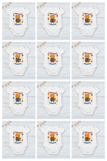 Infant monthly birthday 12 Months of Love cute super cat design_ Customized name White Onesie