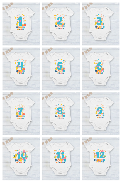 Infant monthly birthday Dinosaur 12 Months of Love_ Customized name White Onesie