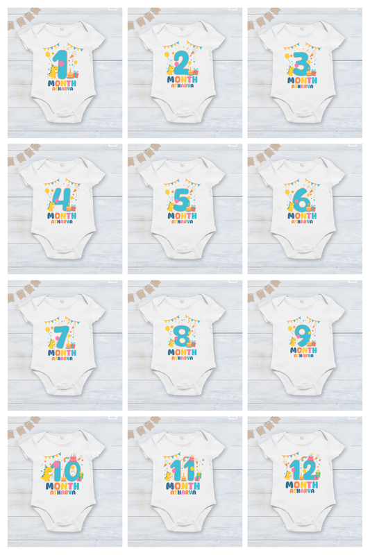Infant monthly birthday Dinosaur 12 Months of Love_ Customized name White Onesie