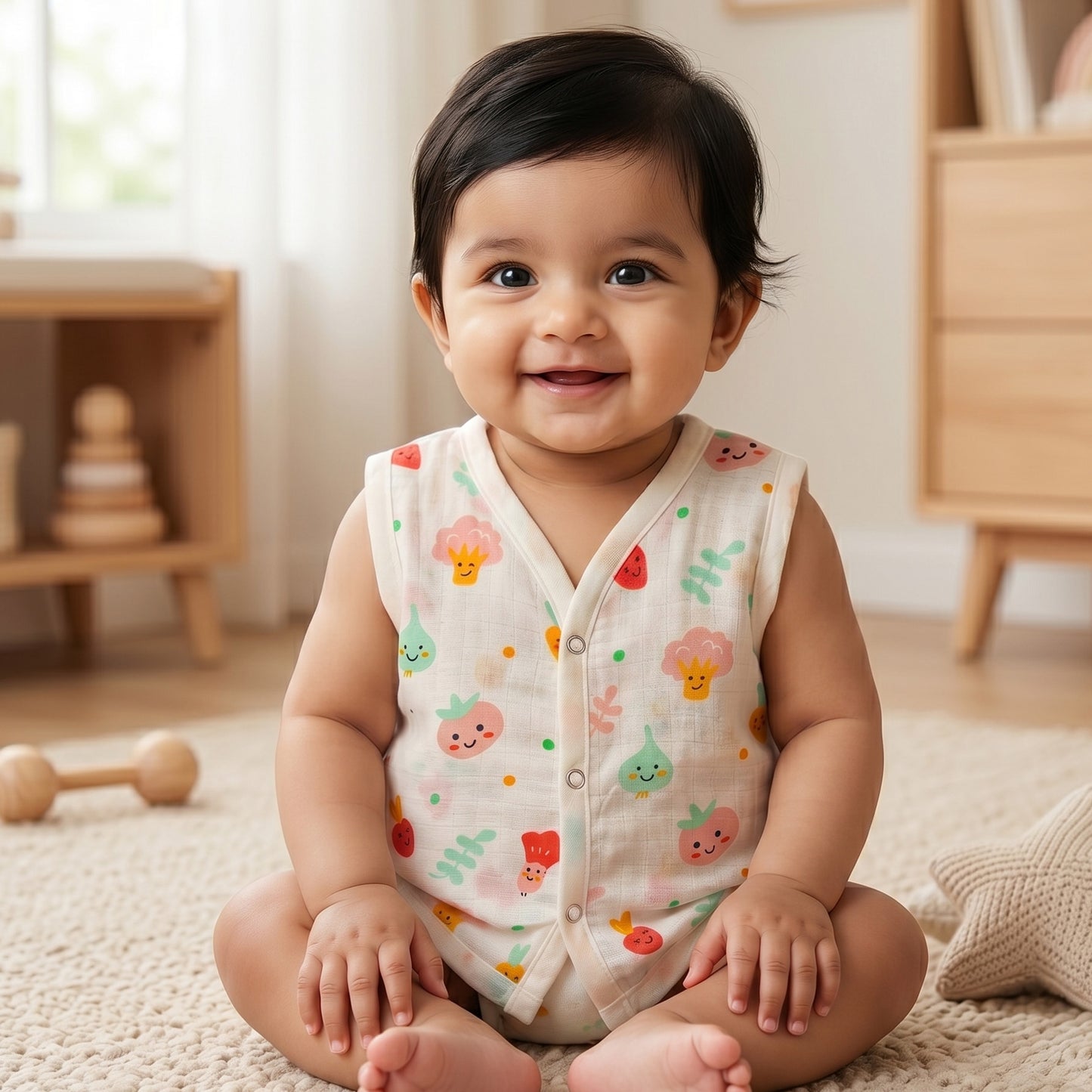 New Born & Baby Clothing | Sleeveless Muslin Baby Dress (6-9 Months) Veggies Cute Print | Soft Cotton