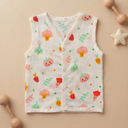 New Born & Baby Clothing | Sleeveless Muslin Baby Dress (6-9 Months) Veggies Cute Print | Soft Cotton