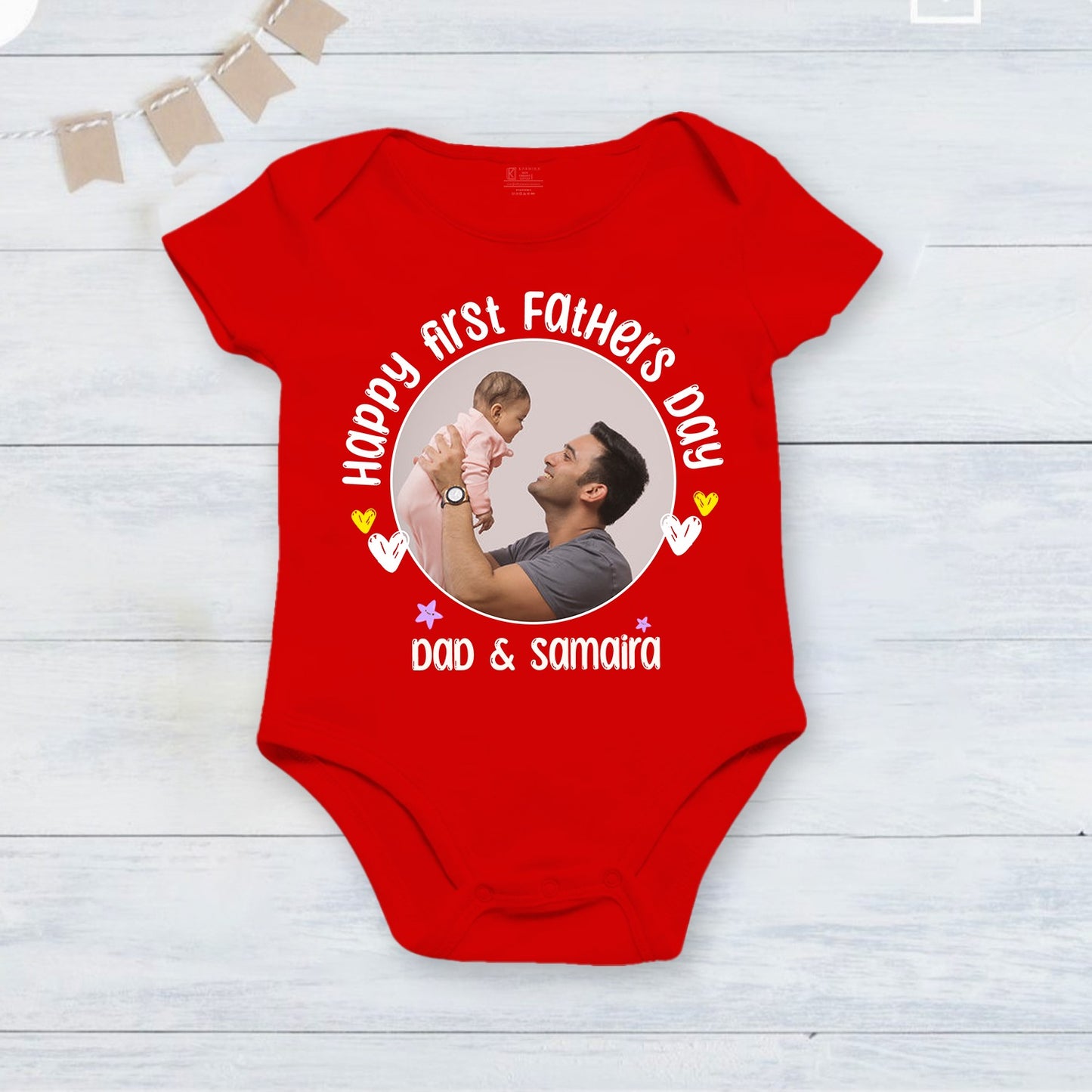 Our First Father's Day onesie customized baby name with picture _red