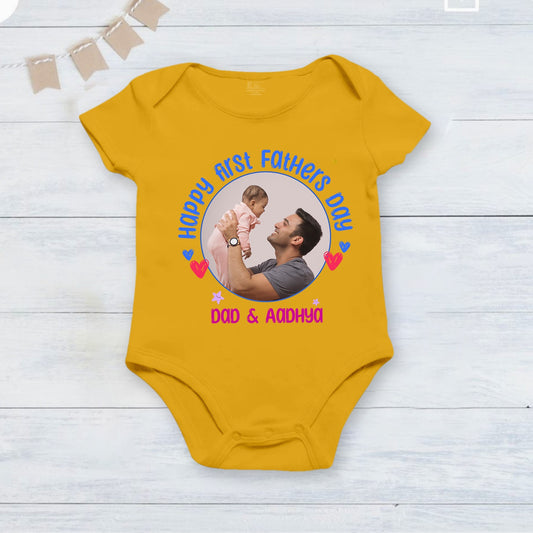 Our First Father's Day onesie customized baby name with picture _yellow