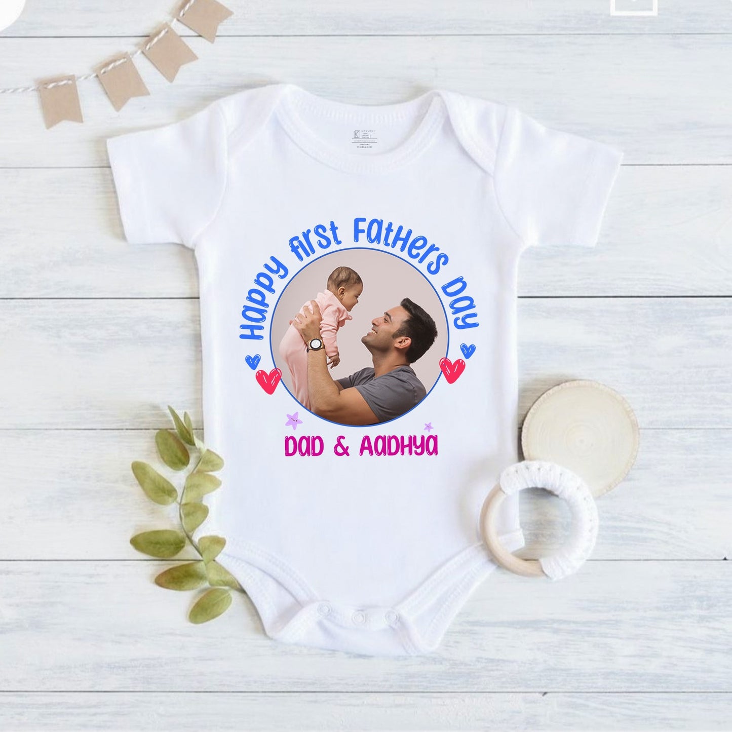 Our First Father's Day onesie customized baby name with picture _white