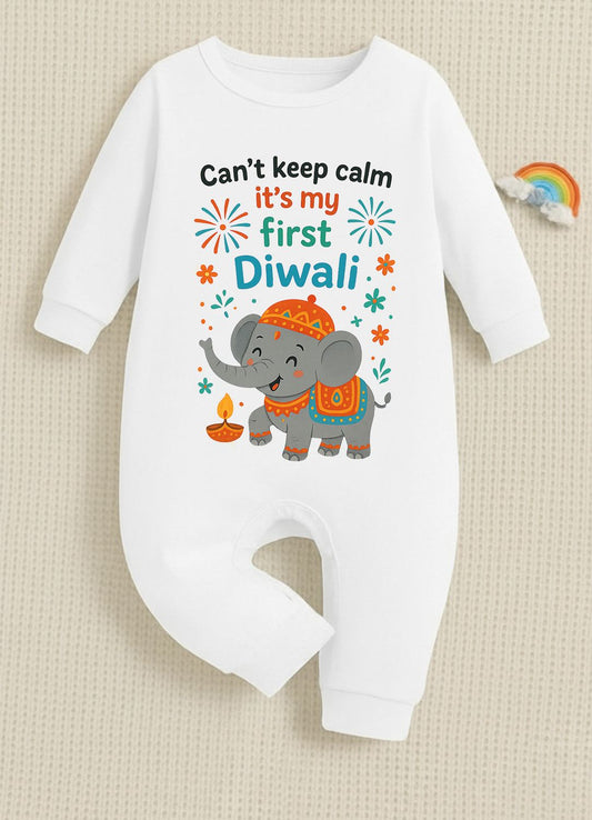 Can't Keep Calm It's My First Diwali  _ Full White Romper