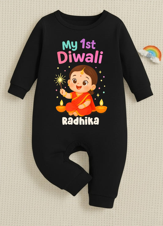 My 1st Diwali With Customized Baby Girl Name  _ Full Black Romper