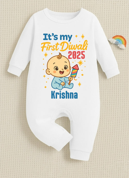 It's My First Diwali 2025 With Customized Baby Name  _  Full White Romper