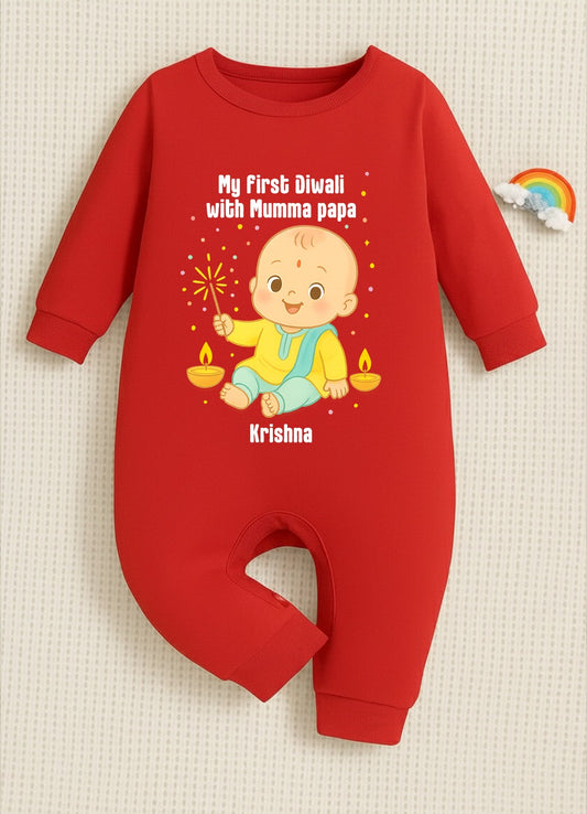 My First Diwali With Mumma Papa Customized Baby Name  _  Full Red Romper