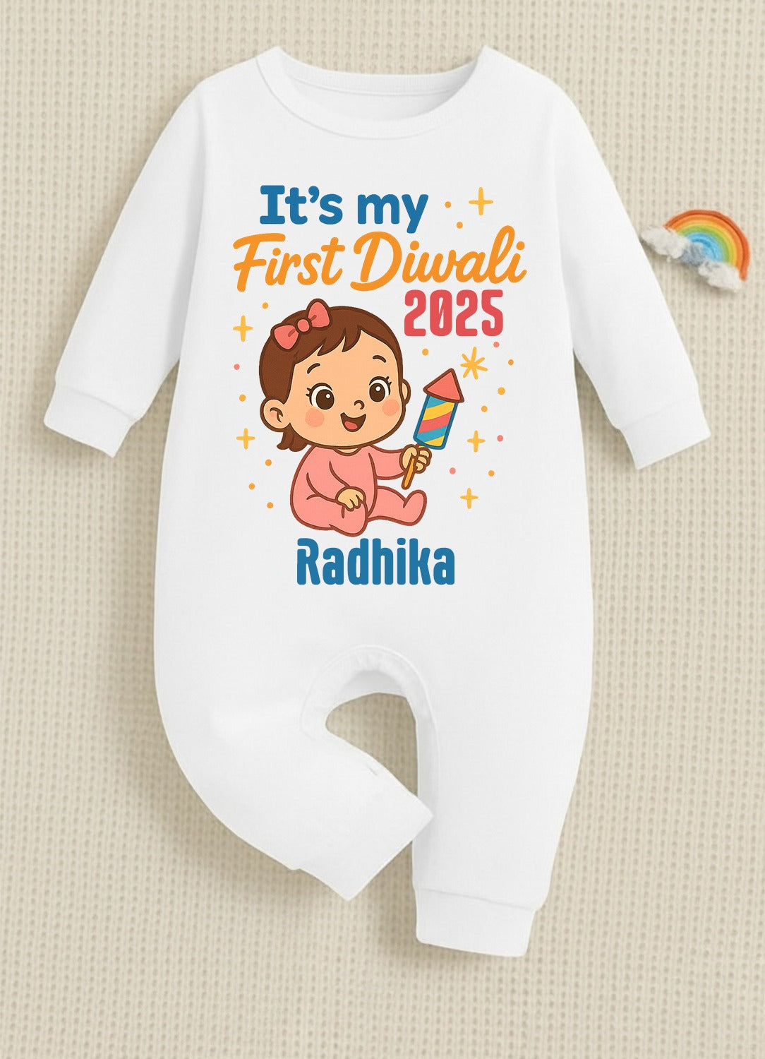 My First Diwali 2025 With  Customized Baby Name  _  Full White Romper