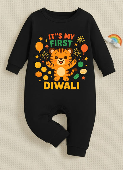 It's My First Diwali With Little Tiger _  Full Black Romper