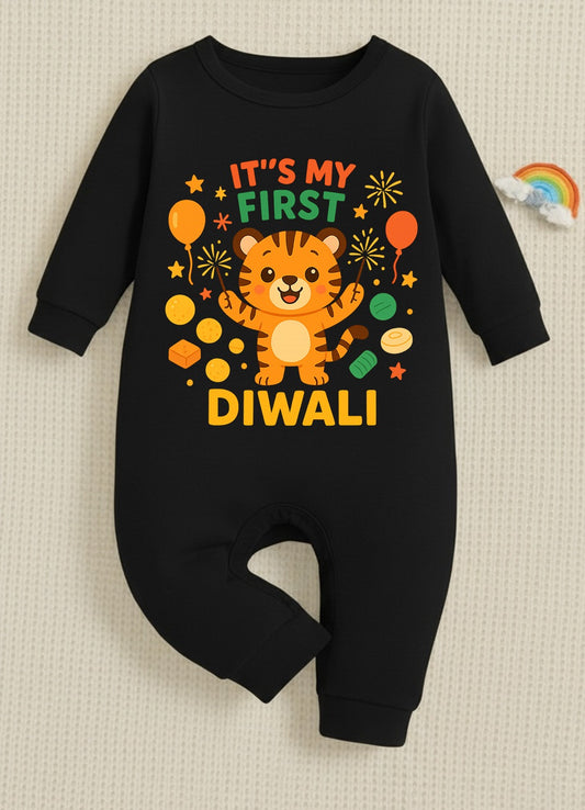 It's My First Diwali With Little Tiger _  Full Black Romper