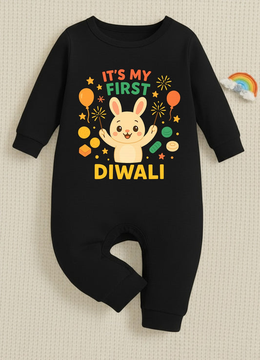 It's My First Diwali With Little Bunny _  Full Black Romper