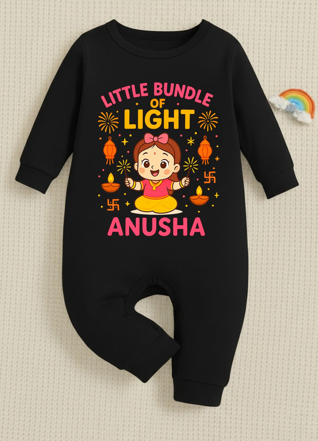 Little Bundle Of Light With Customized Baby Girl Name  _ Full Black Romper