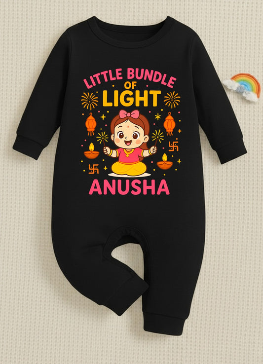 Little Bundle Of Light With Customized Baby Girl Name  _ Full Black Romper