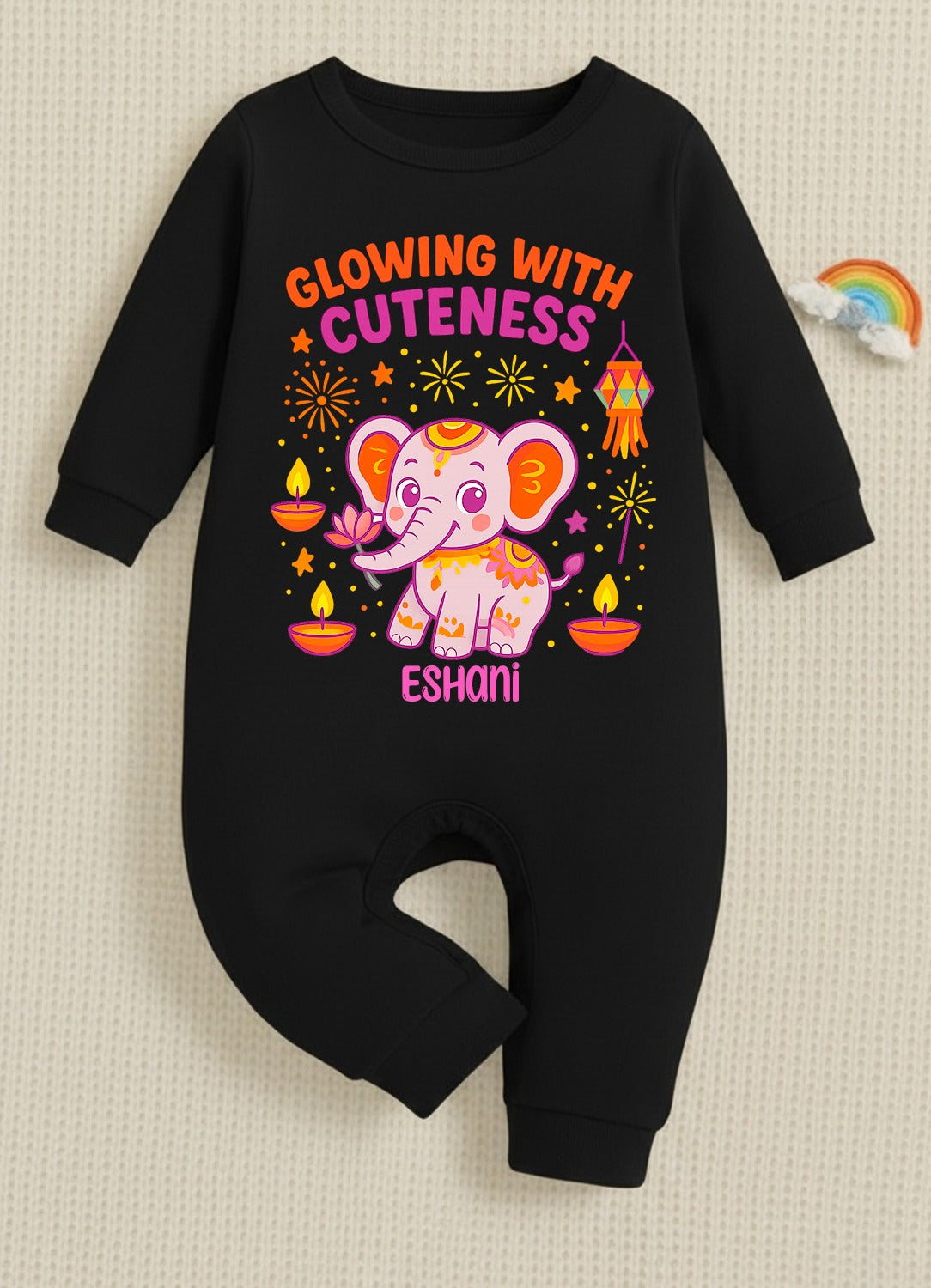 Glowing With Cuteness With Customized Baby Name  _ Full Black Romper