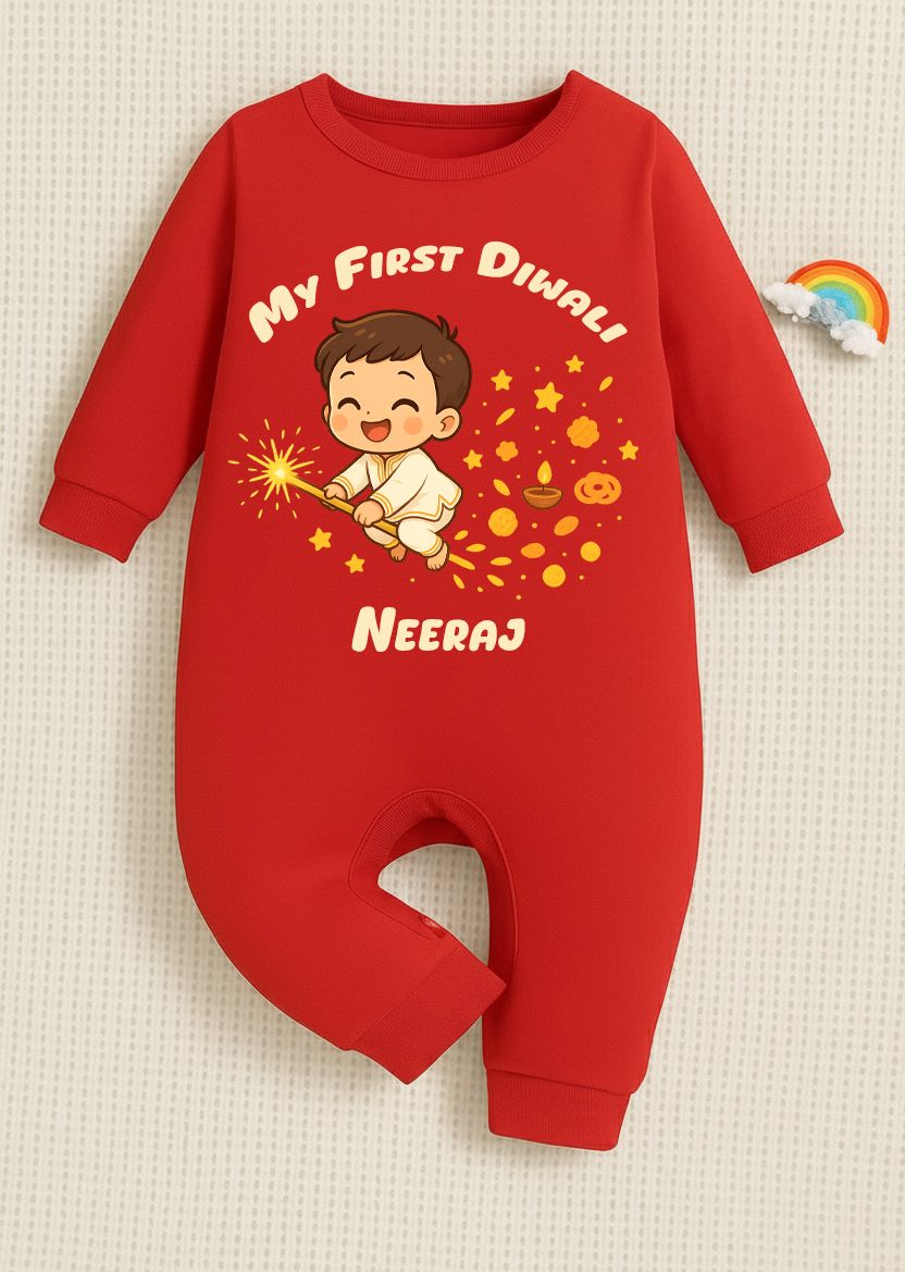 My First Diwali With Customized Baby Boy Name 4  _  Full Red Romper