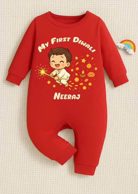 My First Diwali With Customized Baby Boy Name 4  _  Full Red Romper