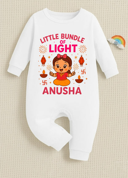 Little Bundle Of Light With Customized Baby Girl Name _ Full White Romper