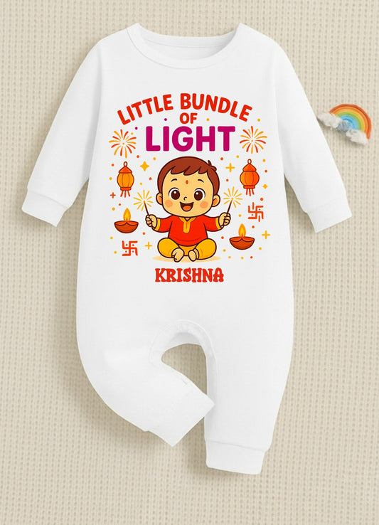 Little Bundle Of Light With Customized Baby Boy Name _ Full White Romper