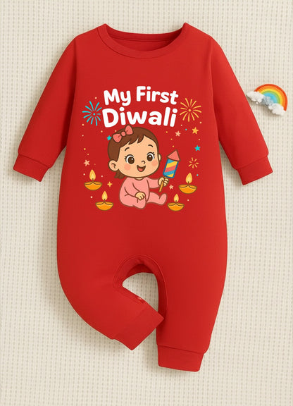 My First Diwali Baby Girl  3 _ Full Red Romper