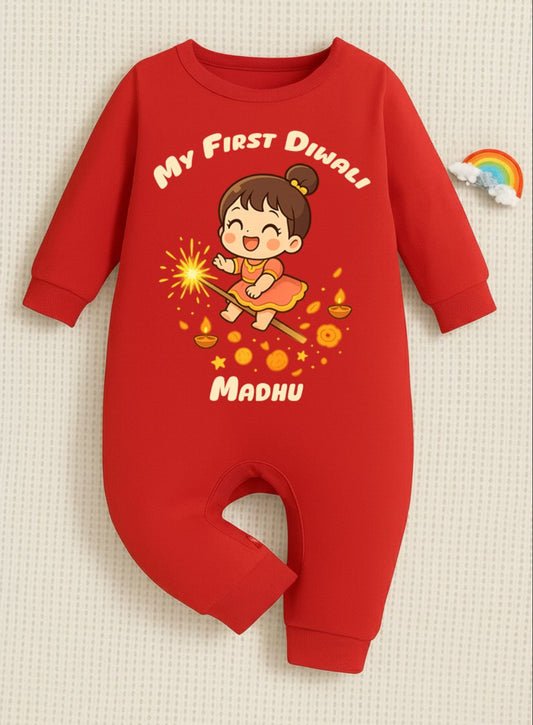My First Diwali Baby With Customized Baby Girl Name 3 _ Full Red Romper